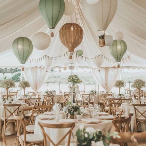 Colorful lanterns hanging in elegant event tent with decorated tables for wedding or celebration.