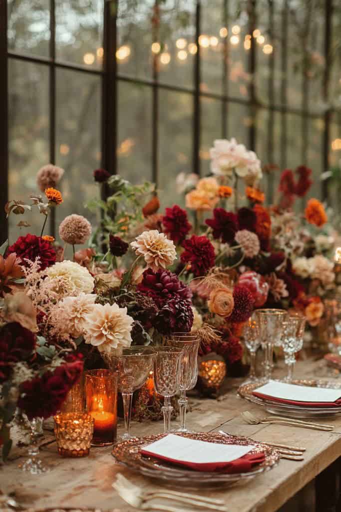 Masă de nuntă elegant decorată cu flori și lumânări